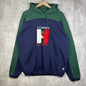 90s Mens Tommy Hilfiger Two-Tone Heavyweight H Hoodie X-L